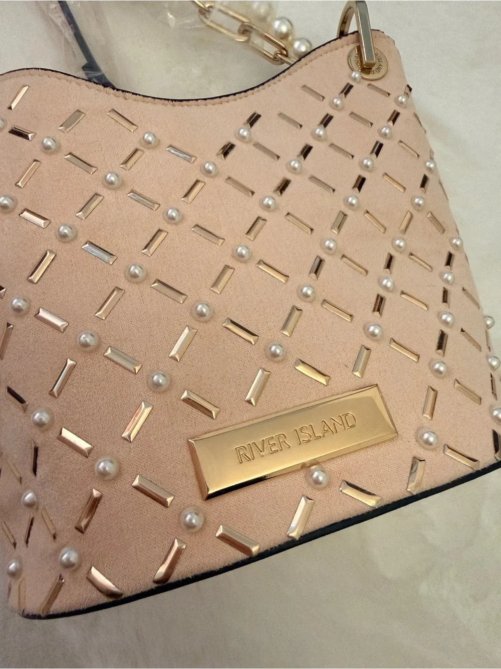 Small River Island Pink Pearl-Trim Crossbody Bucket Bag